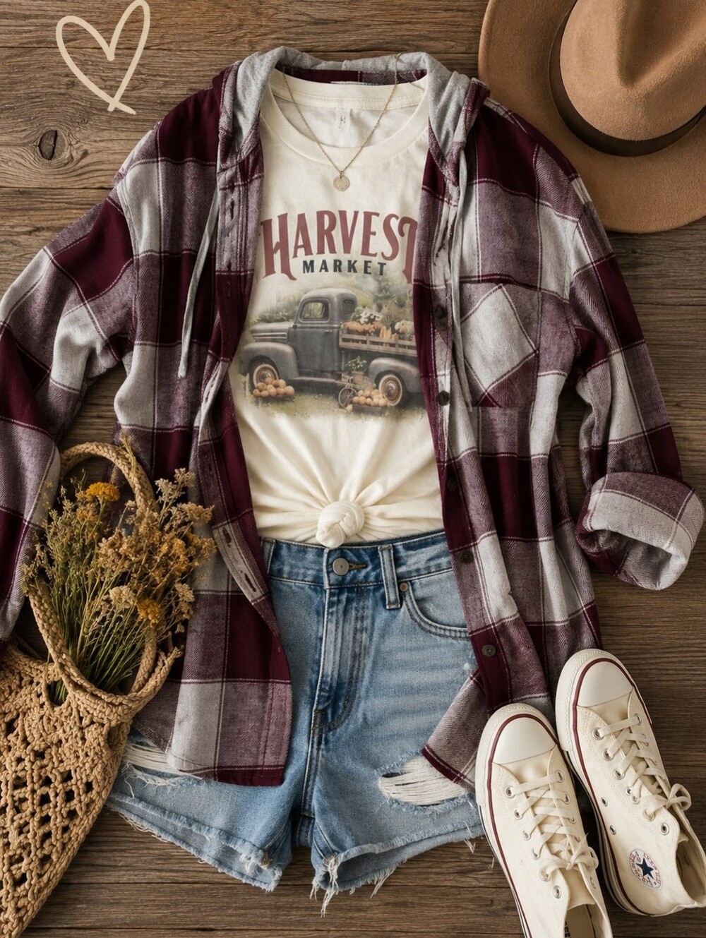 Maurices Hooded Plaid Flannel & Harvest Market Tee Bundle M/S